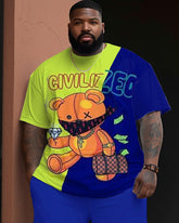 Men's Large Size Street Color Block Cartoon Bear Graffiti Short Sleeve Shorts Set